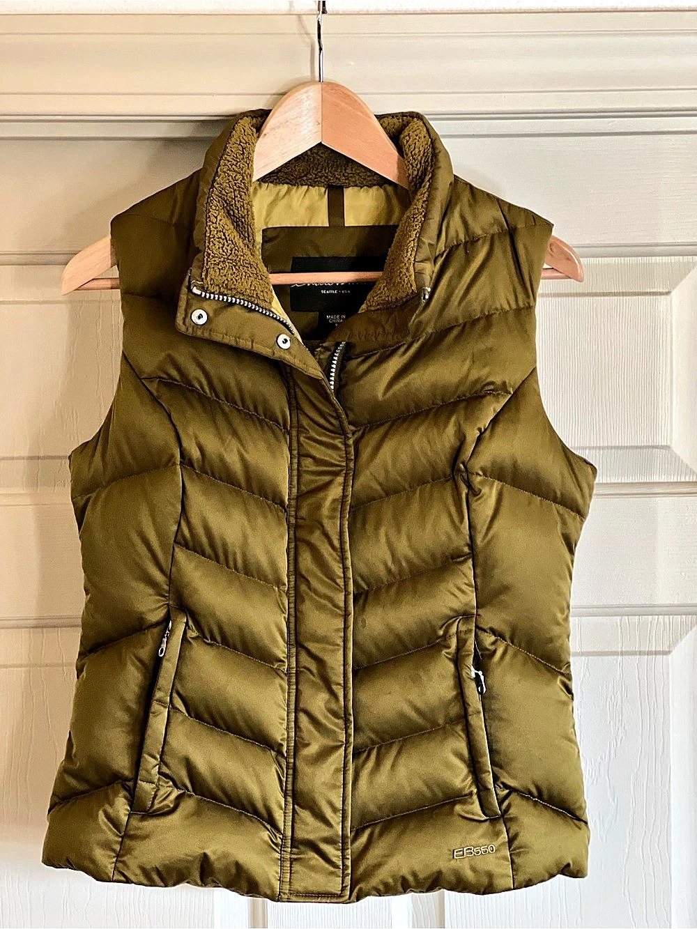 Eddie Bauer EB550 Goose Down Puffer Vest Olive Green Fleece Collar Women Size S